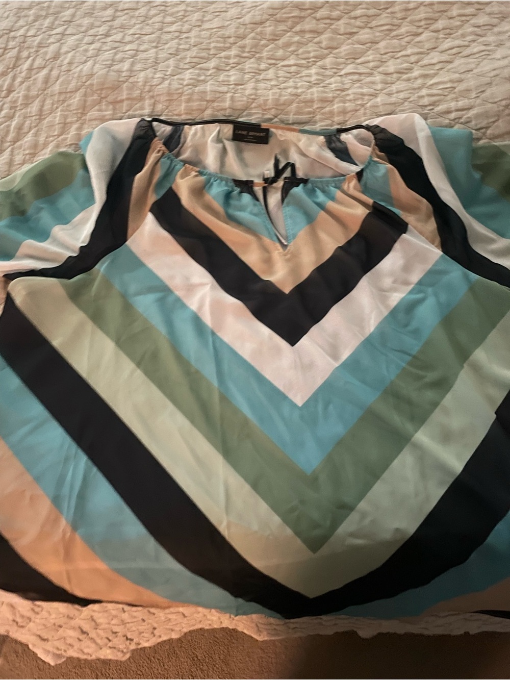 Lane Bryant Teal, Sage & Black Chevron Tie-Neck Blouse